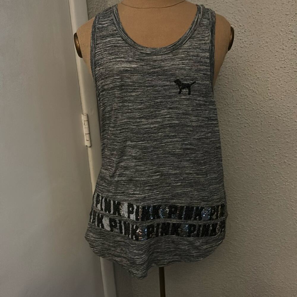 PINK Victoria's Secret Bling Sequin Grey Tank Top Logo S Activewear Sportswear